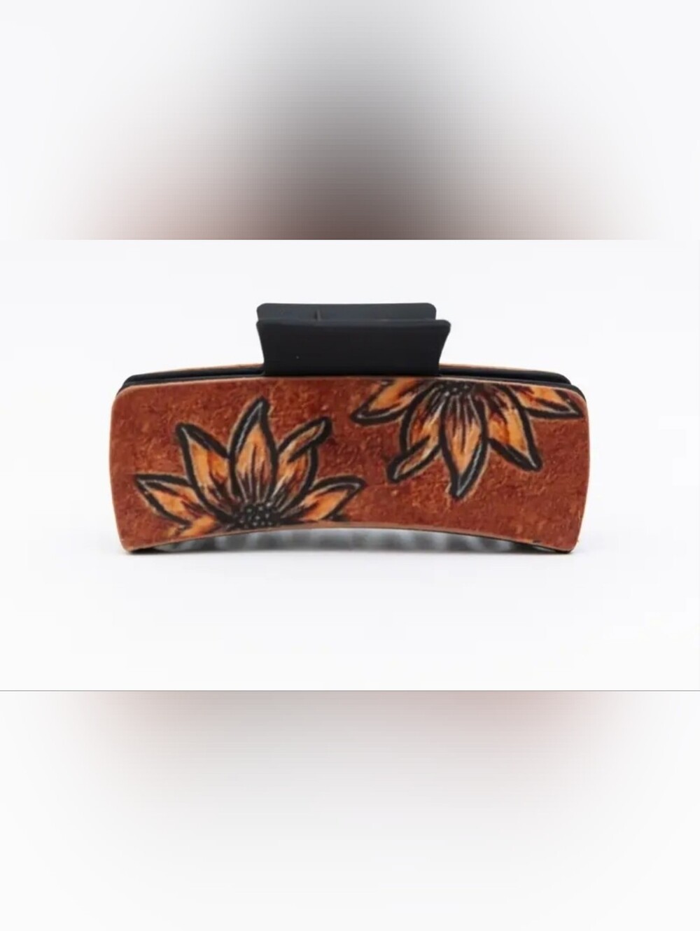 Brown Floral Leather Rectangle Hair Claw Clip